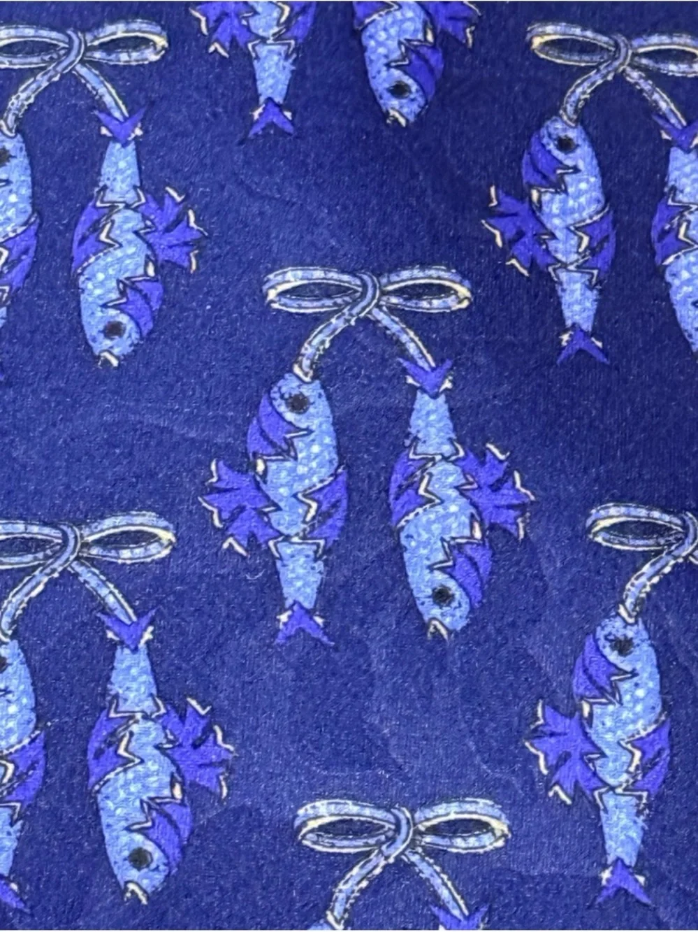 Lanvin Paris 100% Silk Tie Navy Novelty Fish Bow Print Made in France 1980s